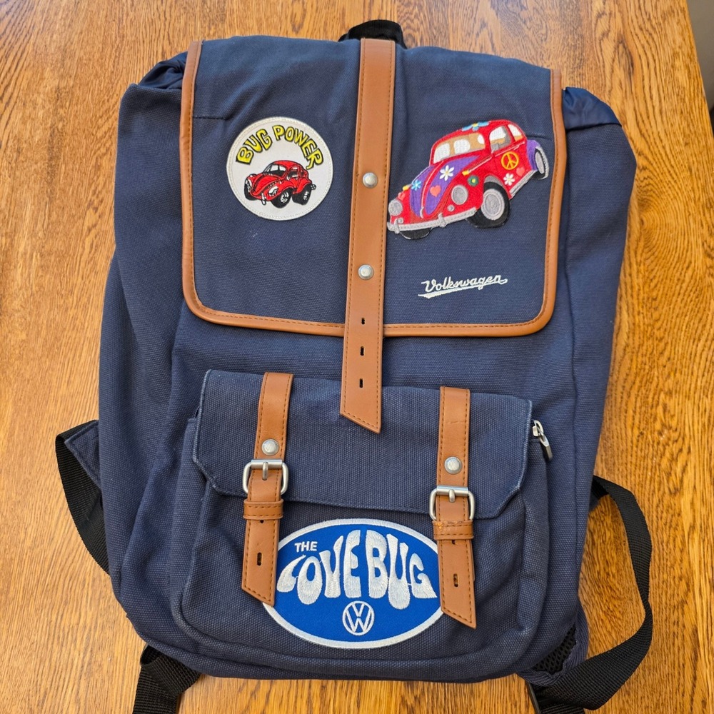 Volkswagen The Love Bug Navy Blue Canvas Backpack Beetle Patches Rucksack Bag